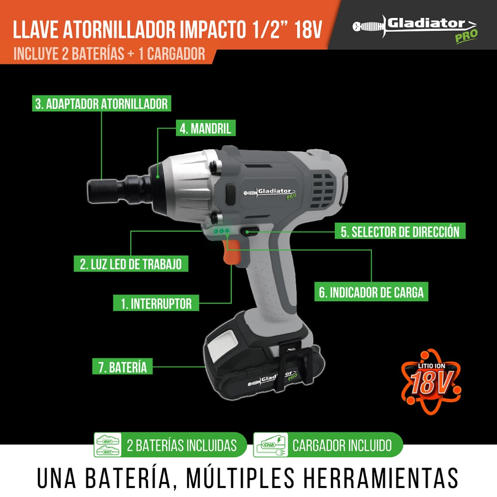 LLAVE-ATOR IMPACTO 1/2&#39;; 18V + 2 BAT 2AH + CARGADOR